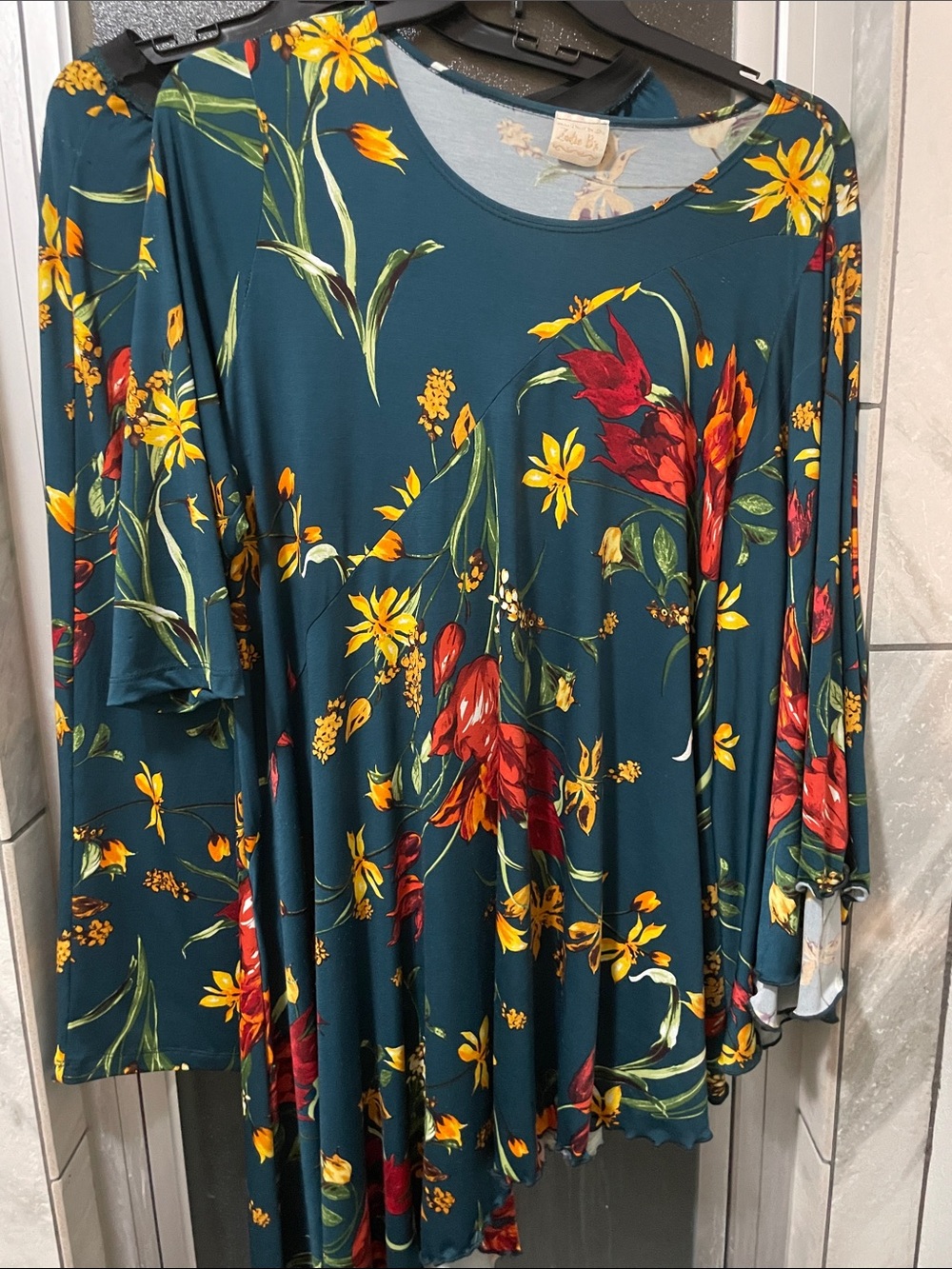 Teal Floral Swing Skirt Set with Red & Yellow Blooms